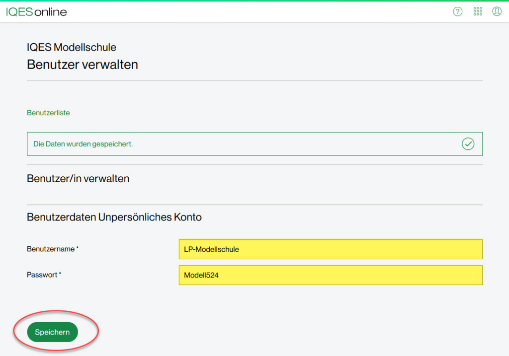 Benutzername und Passwort für den unpersönlichen Zugang festlegen.