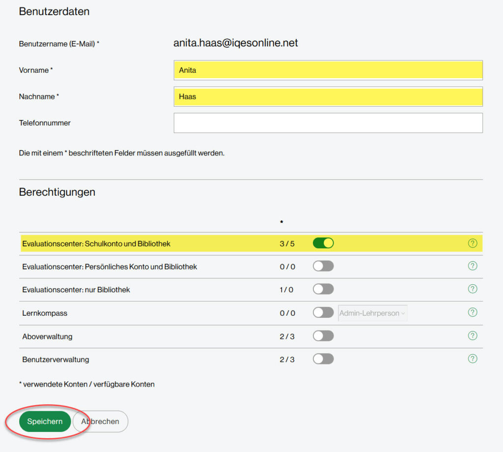 Details zu einer Benutzerin mit der Berechtigung Schulkonto