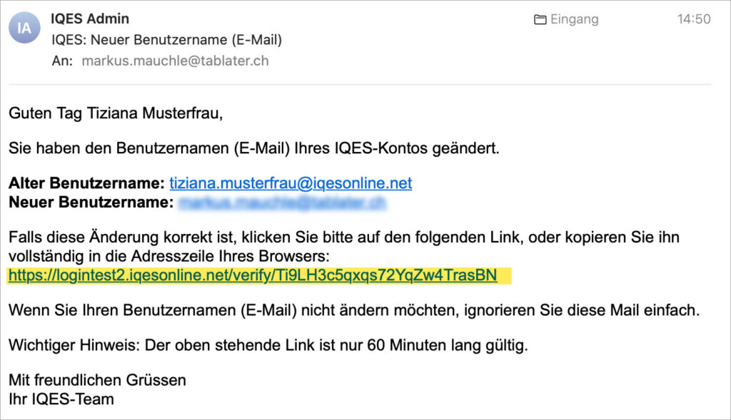 Screenshot der E-Mail, die an den neuen Benutzernamen geschickt wird