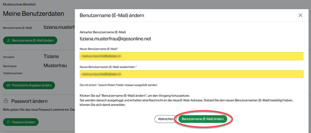 Overlay für die Eingabe des neuen Benutzernamens