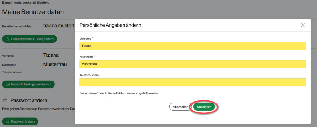 Screenshot zeigt das Overlay "Persönliche Angaben Ändern"